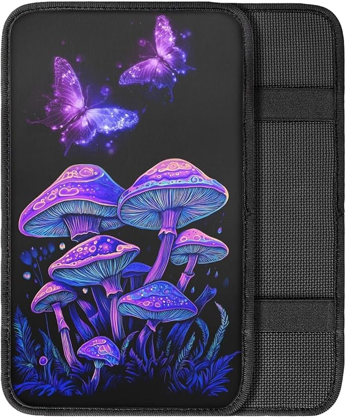 UNICEU Hippie Butterfly Mushroom Car Armrest Cushion Pad Mushroom Car Accessory for Women Men,Comfortable Armrest Seat Box Cover Protector Fit Most Cars Vehicles SUVs