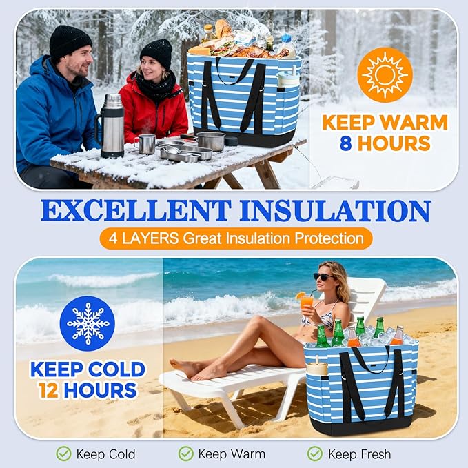 HUANLANG Soft Cooler Bag Insulated for Travel,Large Insulated Grocery Bags with Zippered Top,PEVA Collapsible Food Delivery Cooler Bag for Beach, Travel, Picnics