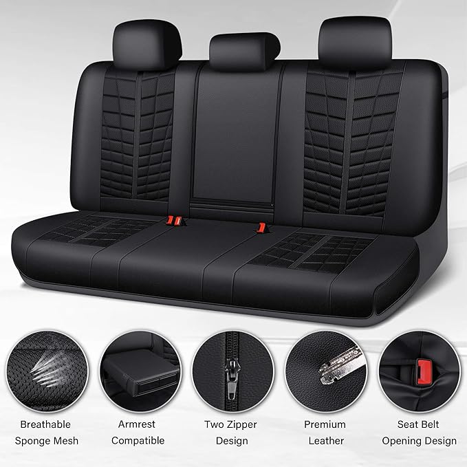CAR PASS 3D Foam Mesh Back Car Seat Covers,Breathable Leather Rear Seat Cover Anti Slip Universal Fit for Most Cars SUVs Vans Small Trucks 95% Automotive Bench seat, Armrest Compatible,All Black