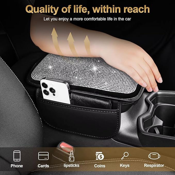 Bling Center Console Cover Fit for Toyota Corolla Cross with 2 Storage Bags Fully Diamond-Studded Style Center Console Armrest Cover with Total Protection(Silver Diamond)