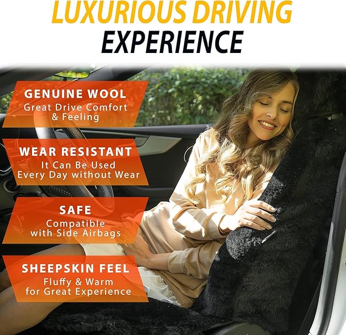Sheepskin Seat Covers Fuzzy Car Seat Covers Black Australian Merino Wool Fluffy Fur Auto Accessories All Season Protection For Your Seats Universal Fits Most Car Suv Airbag Compatible 4- Pack