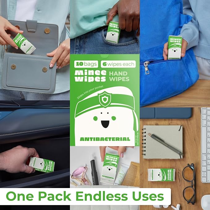 Impossibly Compact Travel Antibacterial Wipes Hand Sanitizer - 99.5% Water and Aloe - Safe for Sensitive Skin & Hypoallergenic Hand Wipes - Travel Essentials For Adults & Kids, 30 Pack Total 180 Wipe