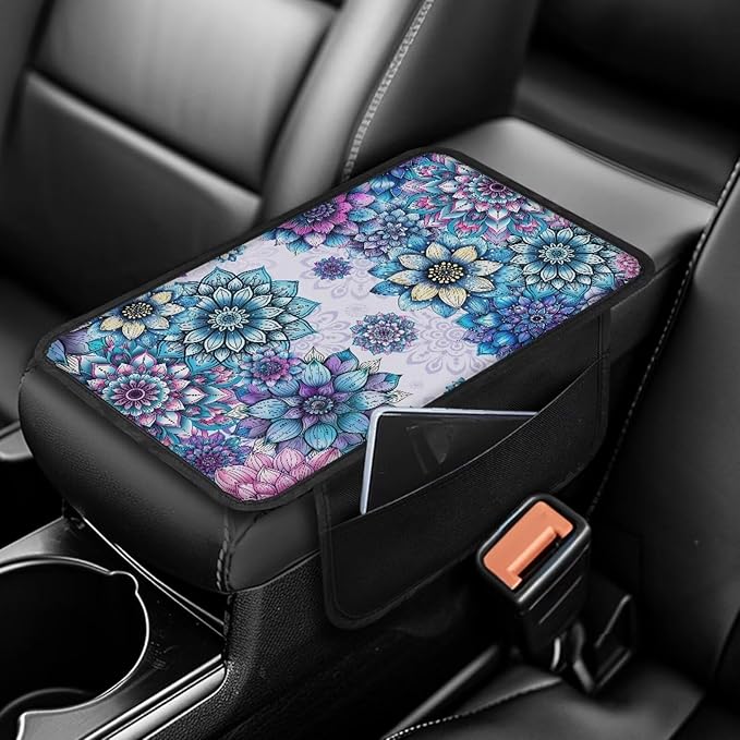 Vibrant Boho Mandala Floral Pattern Car Armrest Cover Soft Vehicle Box Cover Protector Scratch-Resistant Auto Center Console Pad Universal Fit for Most Cars Sedan Truck SUV