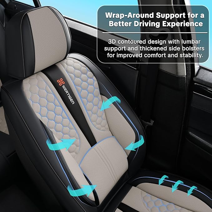 Black and Grey PU Leather Car Seat Covers - Luxury Waterproof Car Seat Covers with Lumbar Support, Non-Slip Base, Airbag Compatibility, Easy Installation and Cleaning