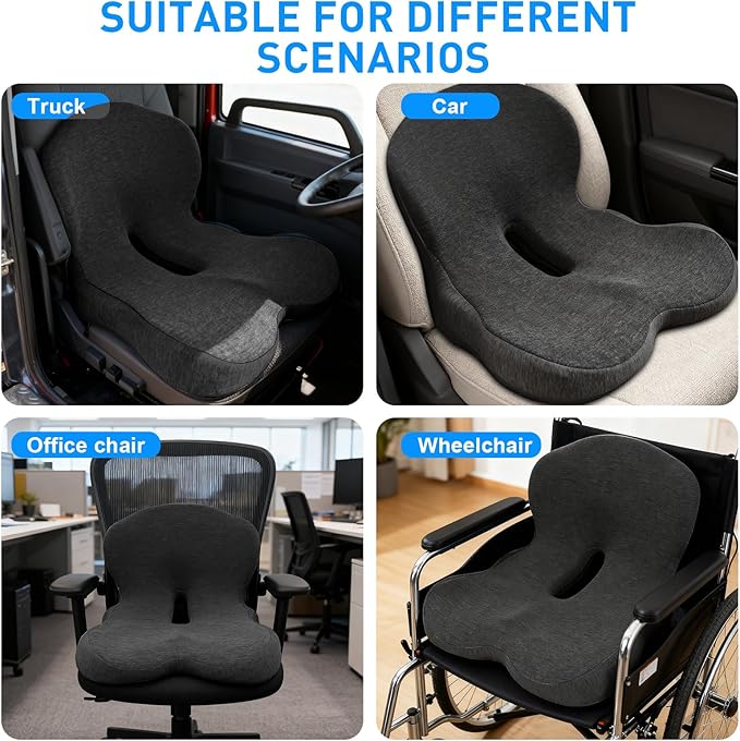 Denchy Car Seat Cushion with Lumbar Support for Long Sitting, Ergonomic Memory Foam Driving Seat Cushions for Semi Truck Bus Driver Trucker, Non Slip Office Chair Cushion (Dark Gray)