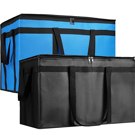 Bodaon 2PK Cooler Insulated Food Delivery Bag for Delivery Drivers, XXX-Large Thermal Bags for Catering/Hot Pizza, Travel/Camping/Picnic Basket，Grocery Reusable Warmer Frozen Essentials(Black +Blue)
