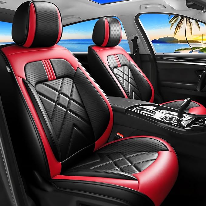 Car Seat Covers Fit for Mazda 3 2007-2025 2026, Premium Leather, Full Coverage Leather Waterproof Breathable Seat Cover, Automotive Seat Protectors, Airbag Compatible(Full Set Seats, Black Red)
