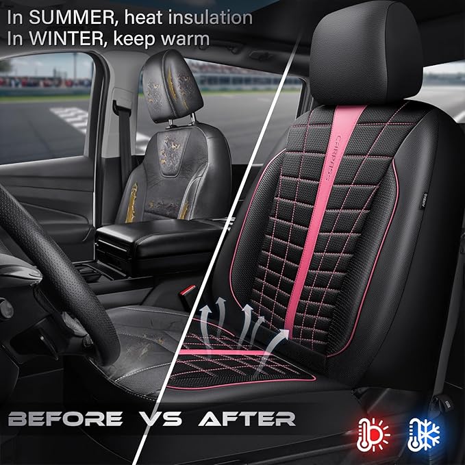 CAR PASS 3D Air Mesh Seat Covers for Car, Leather Car Seat Cover Front Seats, Breathable Foam Premium Leather Mesh Front Seat Covers Universal Fit for Cars Sedans Trucks Vans SUVs, Black Pink