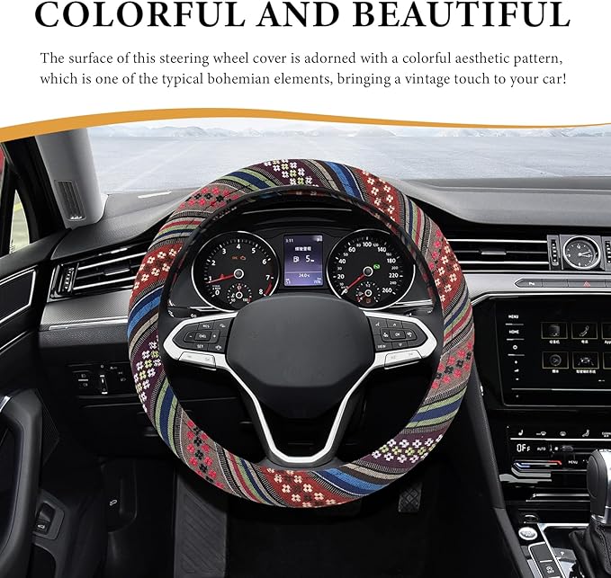 Boho Steering Wheel Cover, 15 Inch Coarse Flax Cloth Ethnic Style Anti-Slip Car Wheel Wrap, Universal Breathable Bohemian Steering Wheel Protector for Cars Vans Trucks (F)