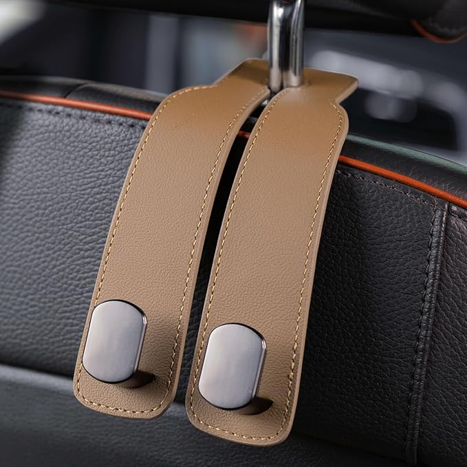 Genuine Leather Car Purse Hook - Flexible Car Seat Back Storage Hook for Purses and Bags, Universal Headrest Hooks for Car, Upgraded Car Purse Holder Hanger for Head Rest (Beige-1 Pack)