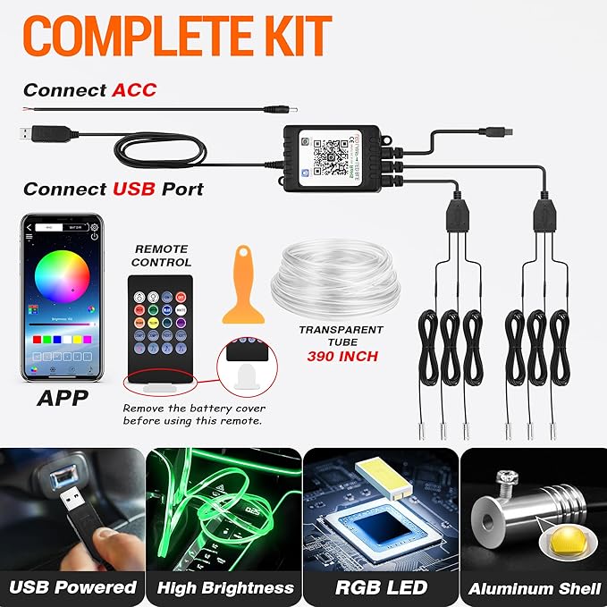 Interior Car LED Strip Lights, RGB 6-in-1 16 Million Colors Ambient Lighting Kit with 390 inches Fiber Optic Wireless APP & Remote Control Music Sync