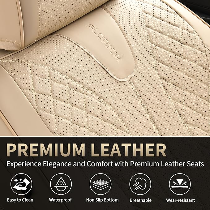 FLORICH Leather Seat Covers, Car Seat Cover Full Set Automotive Seat Covers Waterproof Car Seat Protectors 5 Seats Universal Seat Cover Fit for Most Cars SUV Trucks, Beige