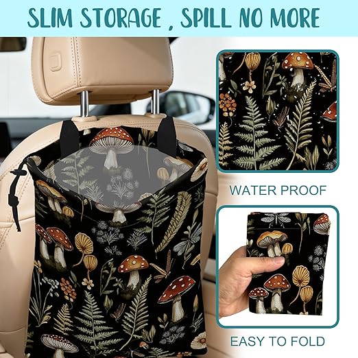 Mushroom Fern Leaves Car Garbage Bag Botanical Drawstring Car Trash Bag Hanging for Back Seat with Adjustable Buckle Canvas Vehicle Trash Can Easy-to-Install