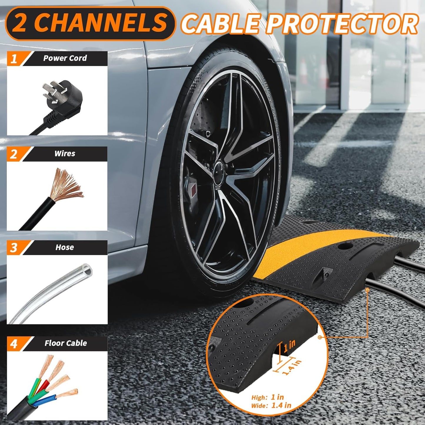84'' Rubber Speed Bump, 1 Pack 2 Channel Modular Heavy Duty Speed Bumps Humps 25000 lbs Load Capacity, Cable Protector Ramp with 2 End Caps for Asphalt Concrete Gravel Driveway Road