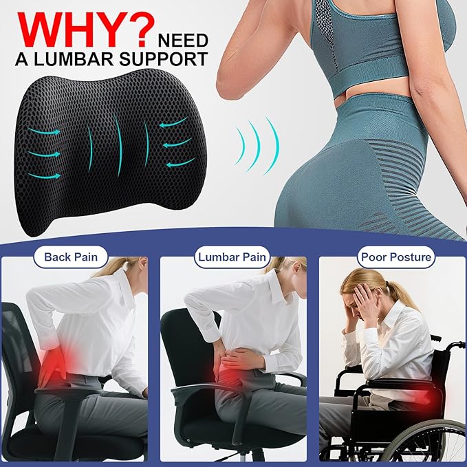 BYMECOST Lumbar Support Pillow for Car, Memory Foam Car Seat Back Support Pillow for Driving, Back Cushion with Strap for Pain Relief, Ergonomic Back Cushion for Office Chair, Wheelchair (Black)