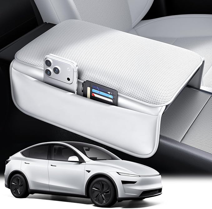 Wigoo Center Console Lid Cover for Tesla Model Y Juniper 2025-2026 & Model 3 Highland 2024-2026 (Standard, Premium & Performance), [Soft Support] Nappa Leather Armrest Protector Cover, White