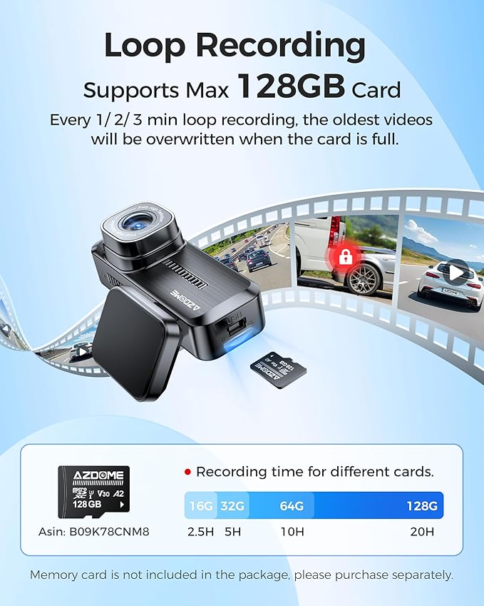AZDOME M200 Mini Dash Cam WiFi Dashcam - Single Channel Dash Cam for Broad Road Coverage - Built-in WiFi - Full HD Resolution - Parking Monitor - App Connectivity - Collision Detection - Night Vision