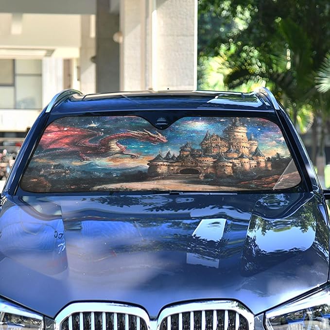 xigua Dream Castle Dragon Car Windshield Sunshade Foldable Front Window Sun Visor Protector for Car,SUV,Truck - Keep Vehicle Cool,55 x 27.6 Inch