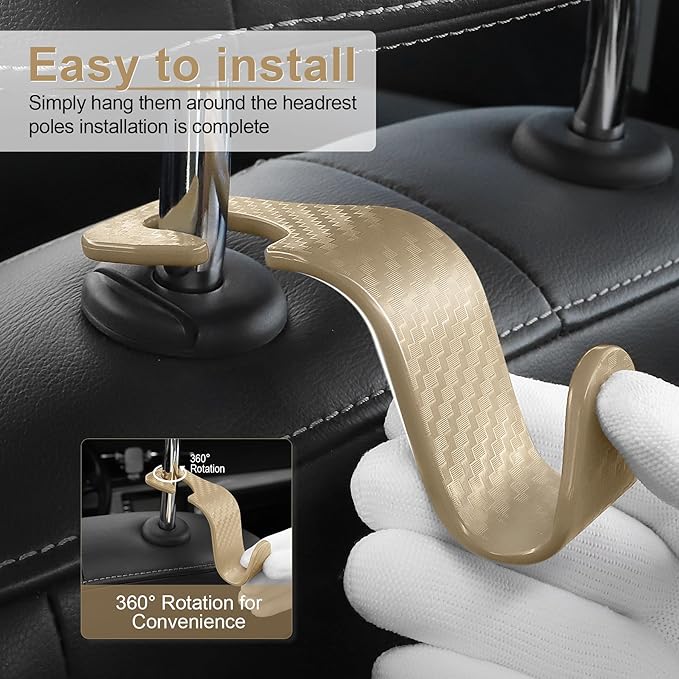 LivTee Car Purse Hook, Headrest Hook for Car, 4 Pack Universal Auto Car Seat Headrest Hook Hangers Organizer for Purse Coat Umbrellas Grocery Bags Handbag, Car Accessories - Carbon Fiber Beige