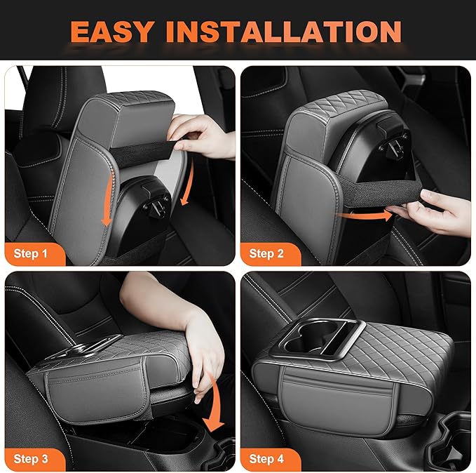Center Console Cover Fit for Kia Forte 2010-2024 with 2 Storage Bags Waterproof Leather Quilted Pattern Car Armrest Cover Cushion Elevating Pad Anti-Slip(Grey)