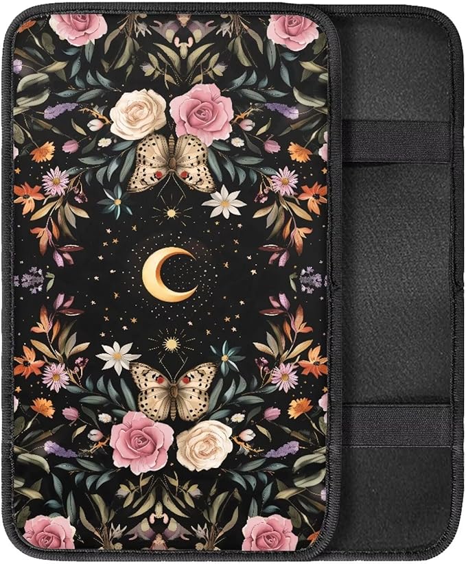 Butterfly Floral Car Center Console Armrest Cover Pad, Easy to Install Automobile Armrest Covers for Trucks Van SUV
