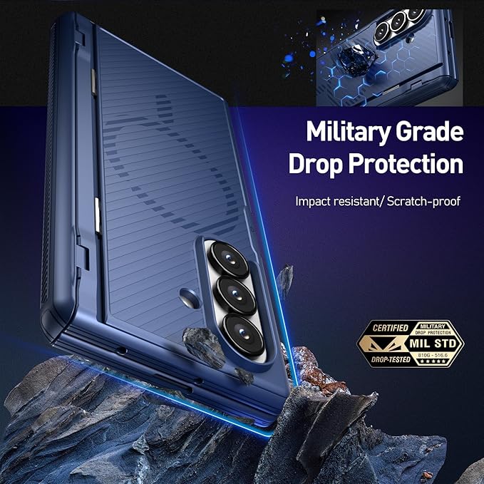 Poetic Revolution Flex Case for Galaxy Z Fold 7, [Hidden Foldable Kickstand][Hinge Protection][MagSafe Compatible], Full Body Shockproof Galaxy Z Fold 7 Cover with Built-in-Screen Protector, Navy Blue