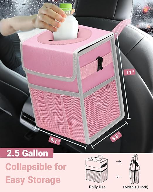 Capolo Car Trash Can with Lid, Leakproof Car Trash Bag Hanging Waterproof Automotive Garbage Can with Storage Pockets Mini Vehicle Trash Bin for Back/Front Seat(Pink,2.5 Gallon)