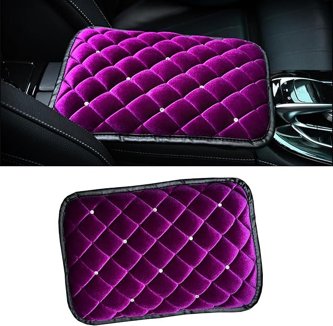 Bling Car Armrest Cover, Crystal Rhinestone Fluffy Automotive Armrest Seat Box Cushion Pad, Soft Comfortable Diamond Car Center Console Cover, Universal Vehicle Accessories (Purple)