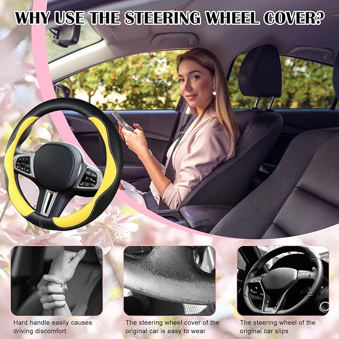 SuperKaKa Car Steering Wheel Cover 2025, Universal Auto PU Cute Breathable Slip-Proof Comfort Imitation Leather Protector Cars Interior Accessories for Women Men Fit Most Vehicle (Yellow)