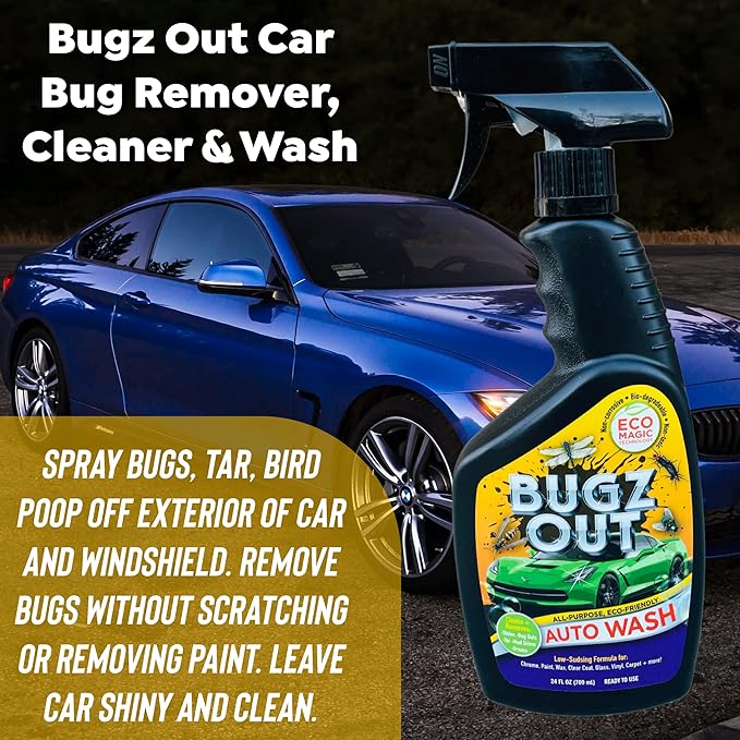 Bugz Out Car Bug Cleaner, Remover & Wash - Spray Bugs, Tar, Bird Poop Off Exterior of Car & Windshield. Remove Black Streaks Without Scratching or Removing Paint. 24 oz bottle w/ Microfiber Cloth