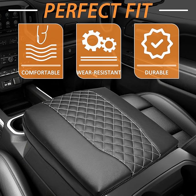 1.2in Thickness Center Console Cover for Chevy Silverado/GMC Sierra 1500 Accessories 2019-2025 2026, Tahoe & Suburban & Yukon 2021-2026 Armrest Cover Leather Cushion Protector Pad Bucket Seat (Gray)