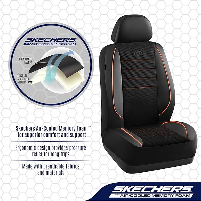 Skechers Air-Cooled Memory Foam Seat Covers,Mesh Thick Car Seat Covers,Piping Leather Car Seat Covers Front Seats,Airbag Compatible,Automotive Comfort Universal FitMost Cars,Vans,Truck,SUV,Orange