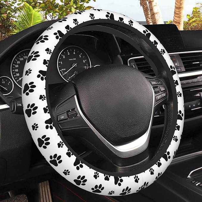 Cat Dog Paw Print Car Steering Wheel Cover, Non-Slip Absorbing Sweat Car Wheel Cover Accessories for Men Women,Universal 15" Fit Auto SUV Vans Trucks