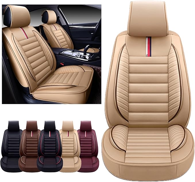 OASIS AUTO Car Seat Covers Front Seats Premium Waterproof Faux Leather Cushion Universal Accessories Fit SUV Truck Sedan Automotive Vehicle Auto Interior Protector (OS-001 Tan)