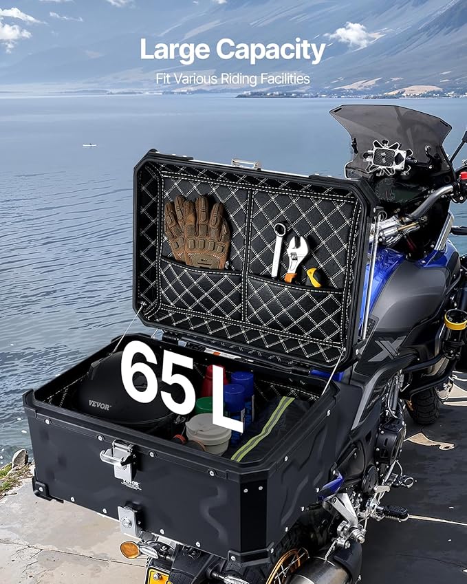 VEVOR Motorcycle Top Case 65L, Universal Aluminum Alloy Motorbike Tail Box with Leather Lining, Waterproof Detachable Motorcycle Top Box with Lock & Back Cushion, Fit for 99% of Motorcycle Frames