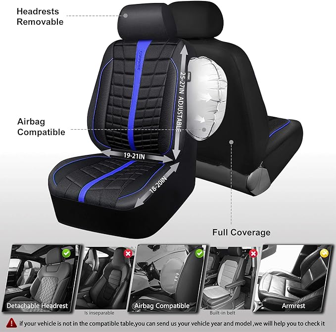 CAR PASS 3D Foam Mesh Black Blue Leather Car Seat Covers Full Set,Breathable Premium Leather Seat Covers for Car,Anti Slip Universal Fit for Trucks Cars Sedans Vans SUVs,Airbag Compatible,Black Blue