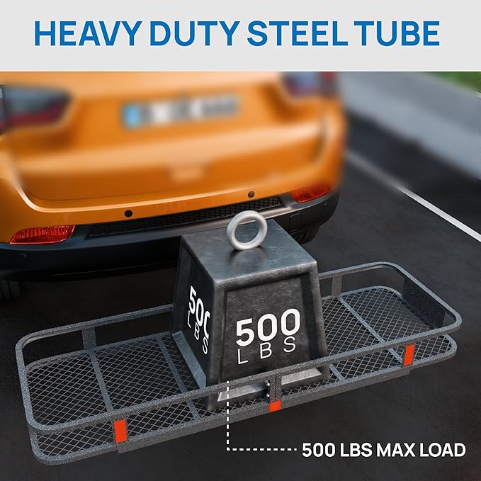 TUFFIOM Folding 500lbs Steel Hitch Mount Basket Cargo Carrier, 60"x20"x6" Trailer Hitch Cargo Carrier Luggage Rack w/Net, Waterproof Cargo Bag, 4 Straps & Stabilizer for SUV Car Truck Van