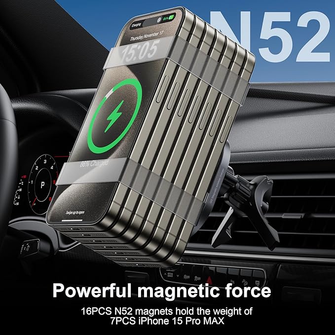HURMAI for Qi2 15W MagSafe Car Mount Charger,Dash & Vent Wireless Cars Mount Charger Phone Holder Mounts for iPhone Air/17/16/15/14/13/12, Galaxy S25, Fast Charging for Magnetic iPhone Car Accessories