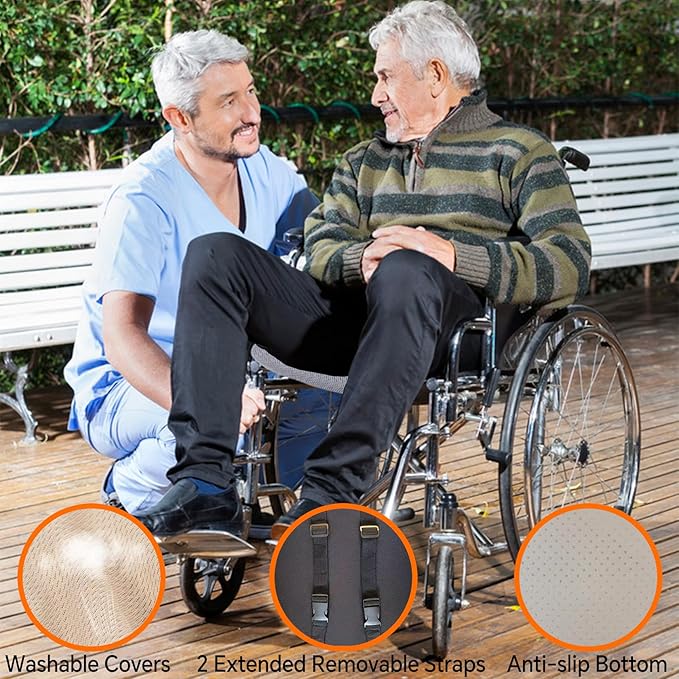 Wheelchair Cushion with Lumbar Pillow (2-Piece Set) for Adults and Seniors.Supportive Memory Foam for Back, Tailbone and Hip Pain Relief, Non-Slip Cover, Removable Straps. (Black)