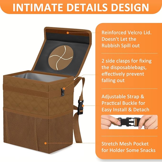 Vankor Car Trash Can for Cute, Bag Bin Hanging Waterproof Automotive Car Garbage Cans Leak Proof Vehicle Trash Can Diamond Pattern-Brown