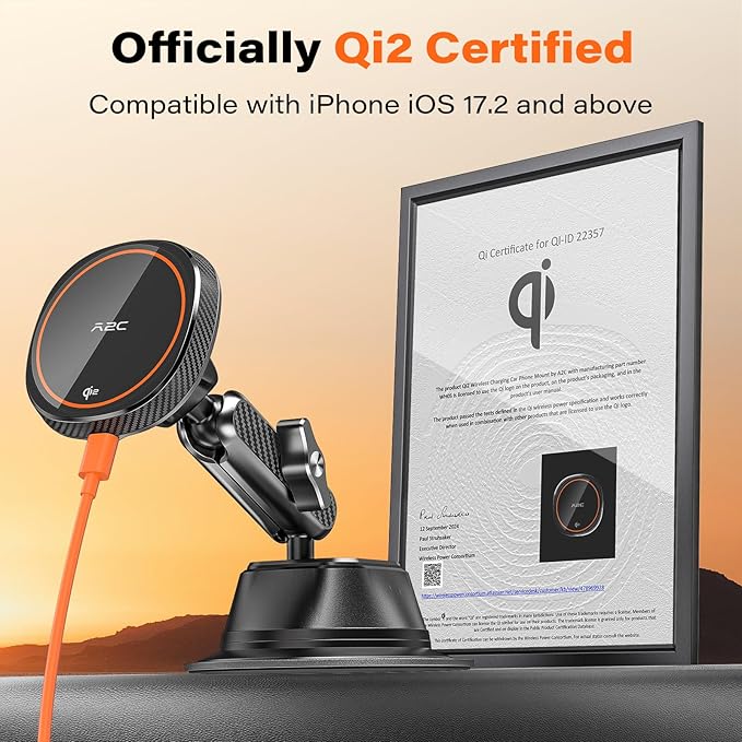 A2C Qi2 15W Wireless Charger for MagSafe Car Mount Charger Magnetic Suction Cup Phone Holder Windshield/Dashboard for iPhone 17/16/15/14/13/12, Aluminum Alloy Arm, for Jeep Wrangler, F150
