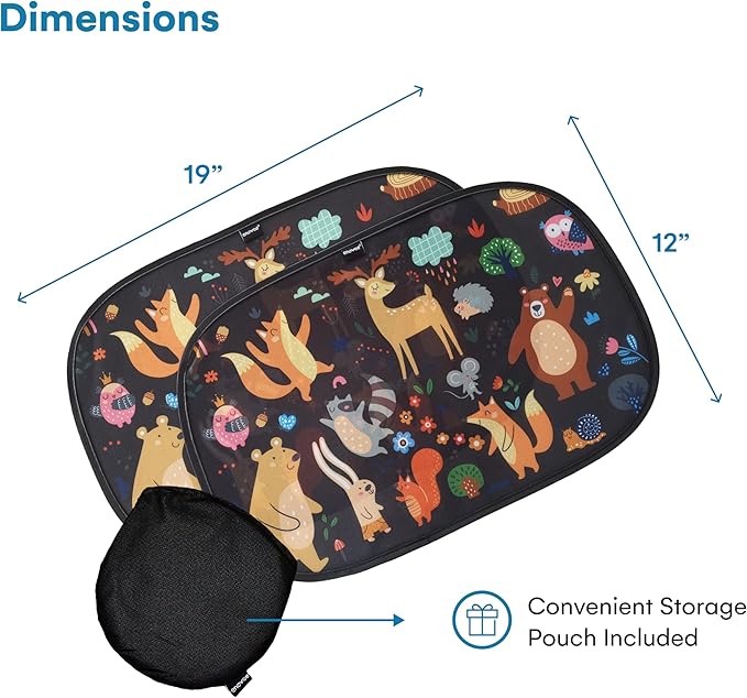 Window Sun Shade for Baby - Sun Blocker Cover and Visor for Car Side Windows - Shield Protector - Sunshades for Rear Windows - Cartoon Animal Design (2 Pack) 19"x12"