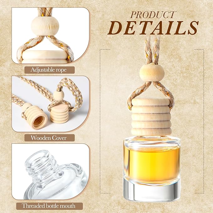 BBTO 200 Pcs Hanging Car Diffuser Bottles Bulk, Empty Clear Glass Air Freshener Bottles with Wooden Cap for Perfume Essential Oils Fragrance Aromatherapy Ornament(Cylinder)