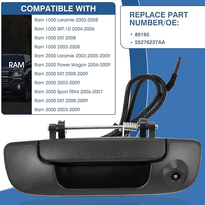 Tailgate Handle Backup Camera Fit for Dodge RAM 1500 2500 3500 2002-2008 Tailgate Reversing Rear View Park Assist Camera RCA Plug Replaces 55276237AA