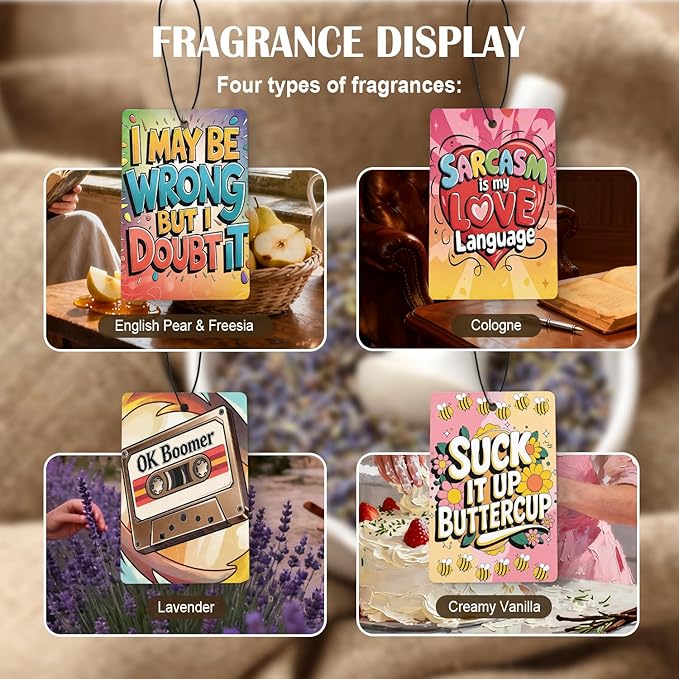 Funny Groovy Y2K Car Air Freshener 4 Pcs, Sarcastic Humorous Quote Hanging Air Freshener for Cars Closet Drawer Books, Funny Sarcastic Gifts Car Accessories for Women