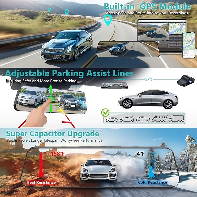 Dual Sony STARVIS 2 IMX678 Sensors 4K+4K Mirror Dash Cam Front and Rear, 12" Smart Rear View Camera with ADAS Blind Spot Detection, Super Night Vision HDR, 5G WiFi GPS, 64GB, 24H Parking