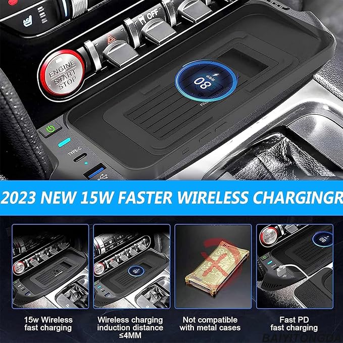 Car Wireless Charger for Ford Mustang 2015-2022, 15W Center Console Wireless Charging Tray Qi Wireless Charging Station with USB Port