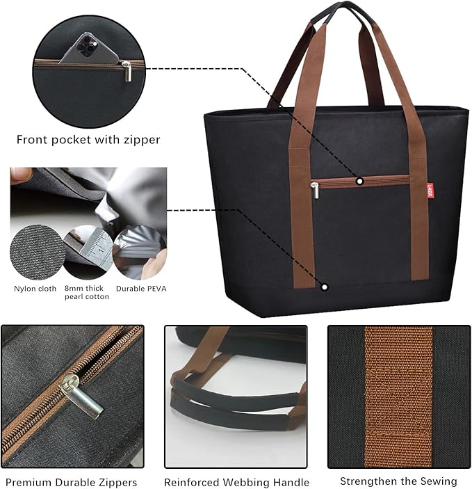 LHZK Jumbo Insulated Cooler Bag with Zipper, Collapsible Leak Proof Insulated Bag with Handles is Perfect for Grocery, Food Delivery, Beach, Picnic, Travel (50L, Black)
