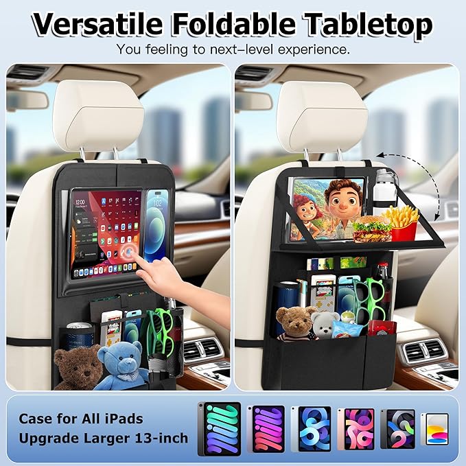KaiCross Backseat Car Organizer with Upgraded Foldable Tray, Car Seat Organizer for Kids, Travel Accessories with 9 Storage Pockets,Car Seat Organizer Backseat with Touch Screen-1 Pack