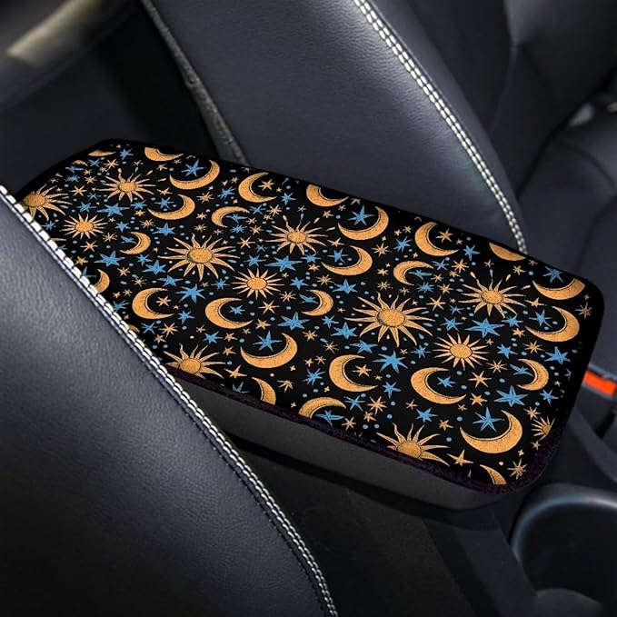Car Console Armrest Cover, Moon Star Print Car Armrest Seat Box Cover Protector Auto Accessories Car Decor for Women Men,Universal Fit,Machine Washable